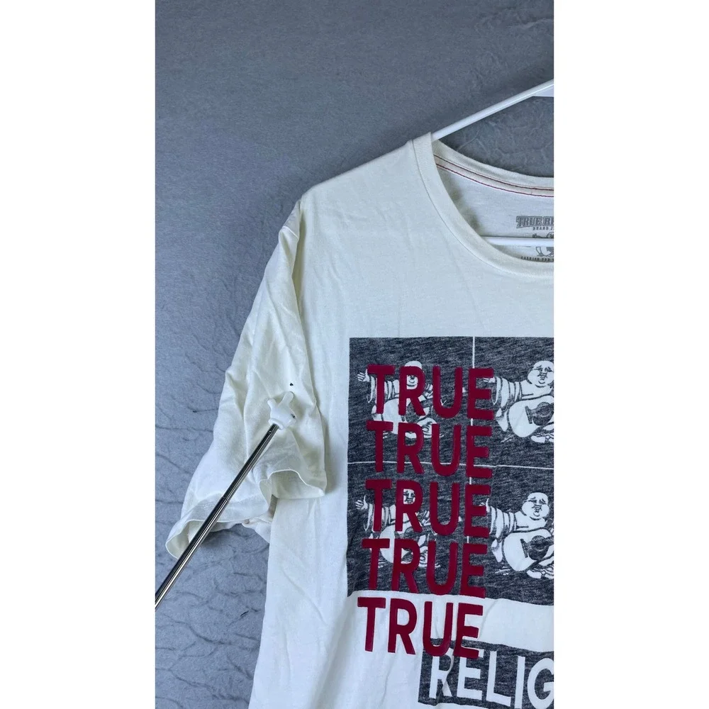True Religion Graphic Tee Mens XL Cream Good Buddha Logo World Tour Short Sleeve